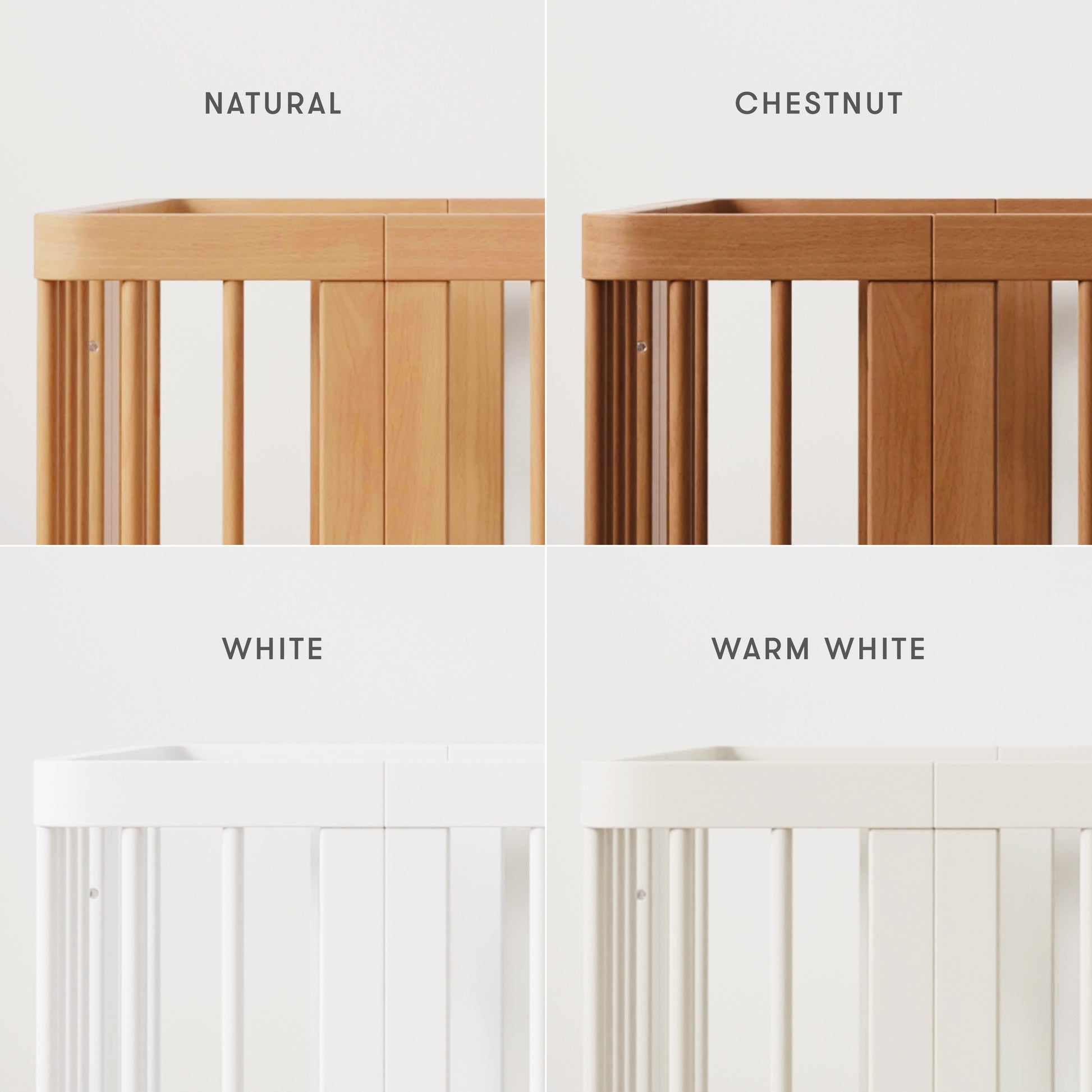 Diagram of each different color of the Newton Nest Convertible Crib, with text "natural, chestnut, white, warm white"