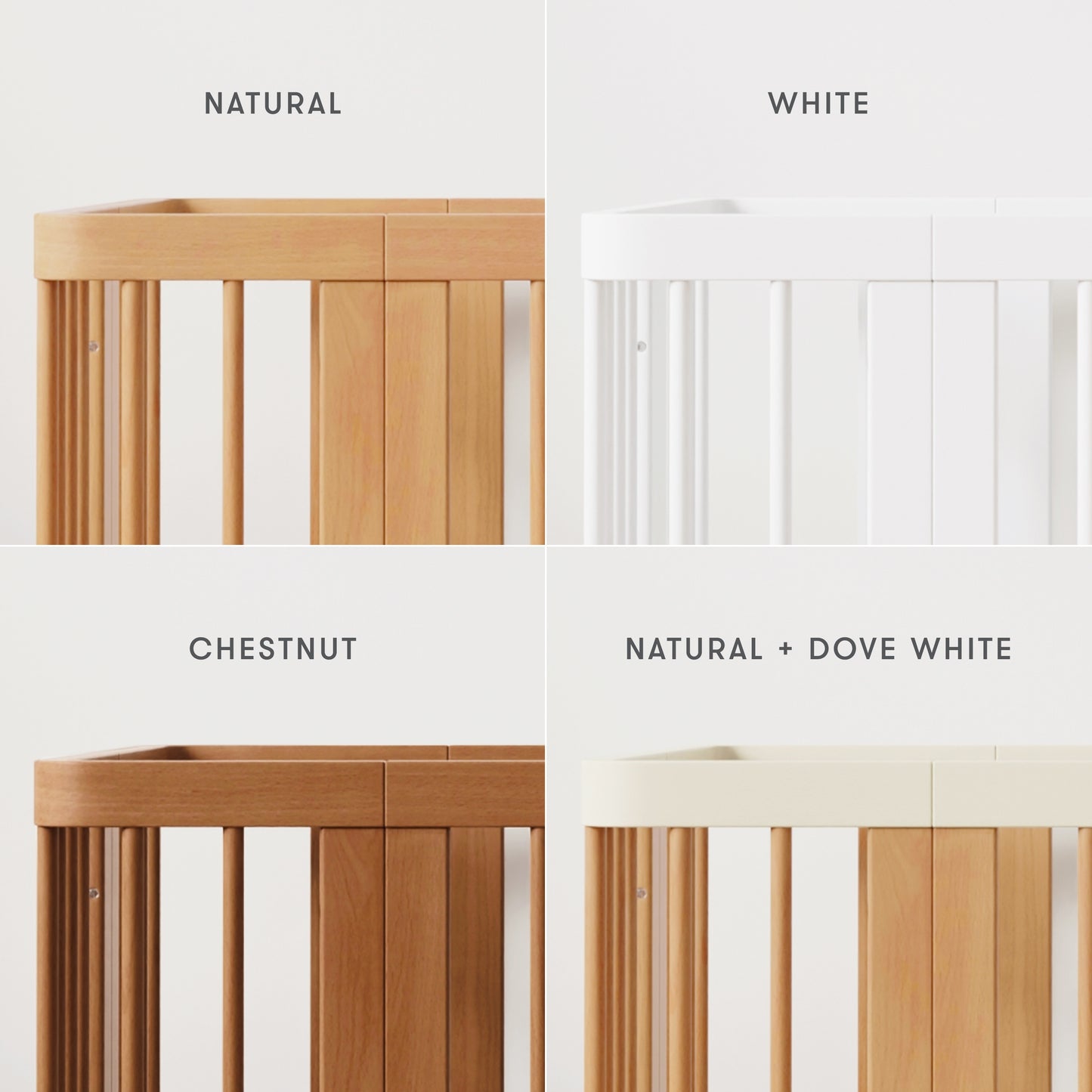 Close up images of all 4 variants of Newton Nest Convertible Crib, with text "Natural, White, Chestnut, Natural + Dove White"