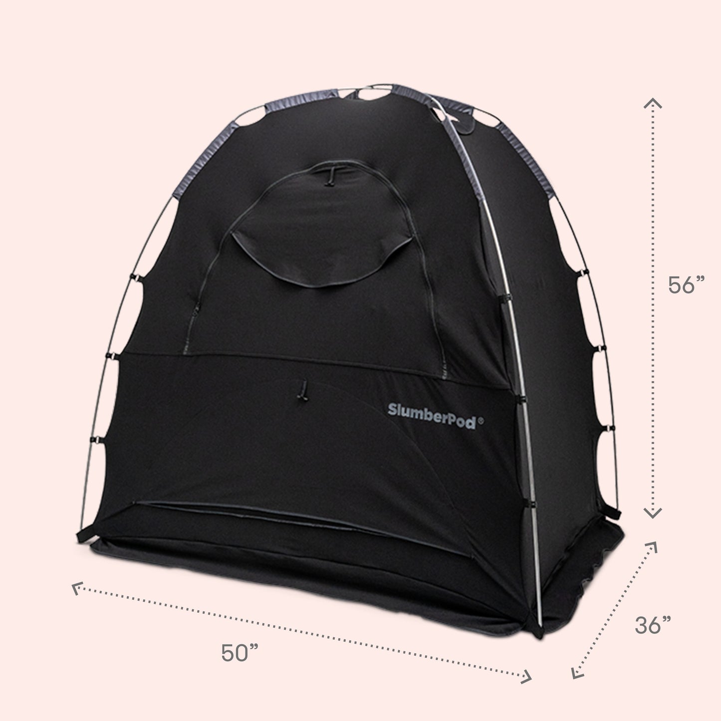 Black slumberpod tent on white background, with size dimensions, 56 inches tall, 36 inches wide, 50 inches long.