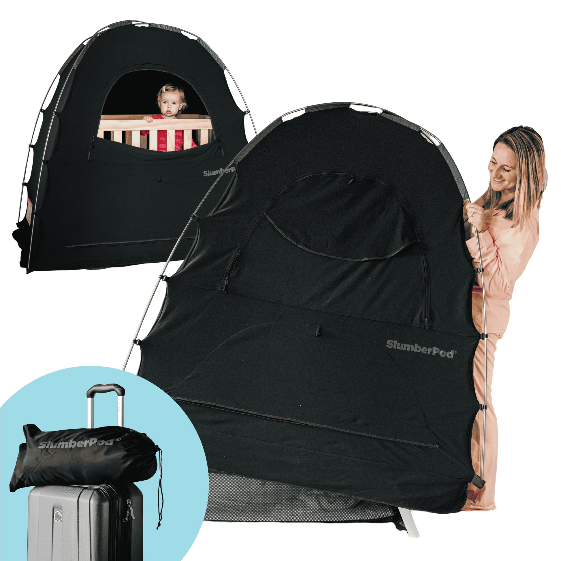 in top right corner Baby in crib peeking out through window into slumberpod tent, big black tent over wooden crib with baby inside. Mom holding tent and moving it. in bottom left corner slumberpod in carry bag on top of suitcase.