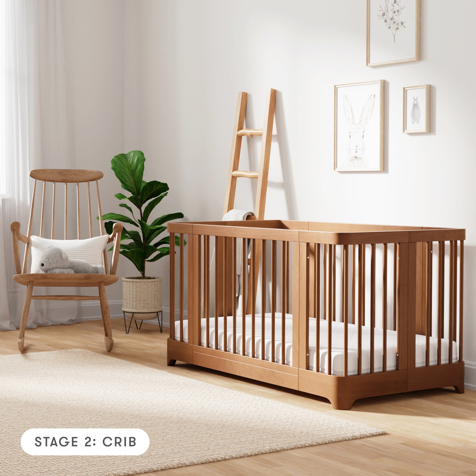 chestnut color Newton Nest Convertible Crib in crib setting, in nursery next to rocking chair, with text "Stage 2: Crib"