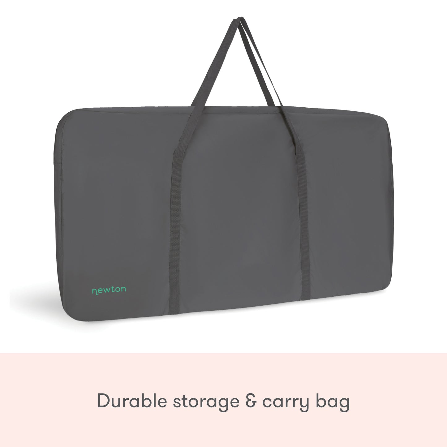 A dark gray rectangular carry bag with handles, labeled Newton Baby, designed for storage and transport of your Essential Bassinet. Text below reads: Durable storage & carry bag.