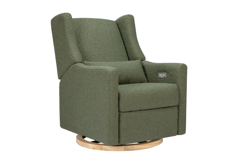 Green upholstered nursery glider chair with a smooth wooden base, featuring a small logo on the side. 999-8605-NAT