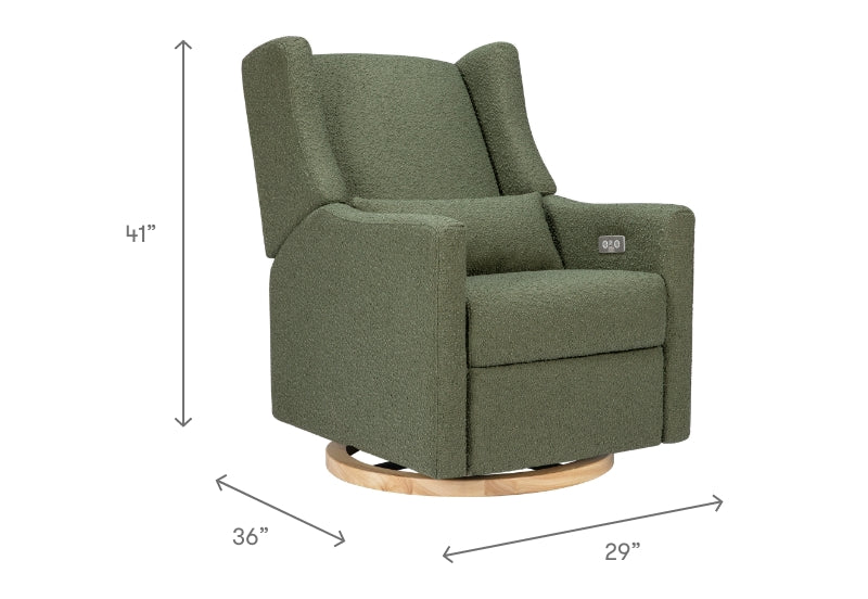 Green upholstered glider chair with dimensions, height 41 inches, width 36 inches, depth 29 inches.