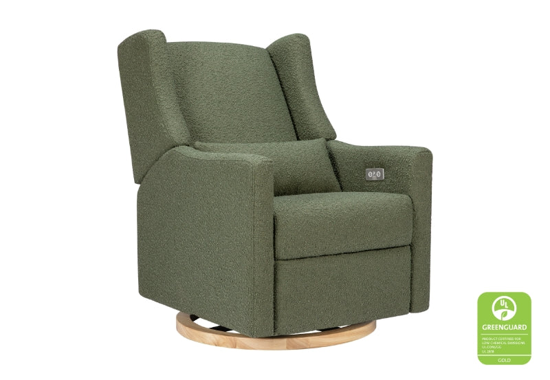 Green upholstered rocking chair with a smooth natural wood base, featuring a control panel on the side and certified with a GREENGUARD Gold label for low chemical emissions.