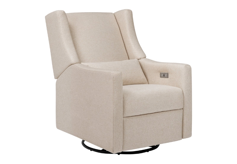 Beige upholstered glider chair with a sleek design and pocket storage, isolated on a white background. 999-8605-BLU