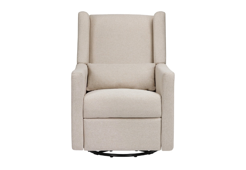 Beige upholstered nursery swivel glider chair on a white background.
