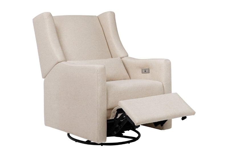 Beige nursery glider recliner with extended footrest, isolated on a white background.
