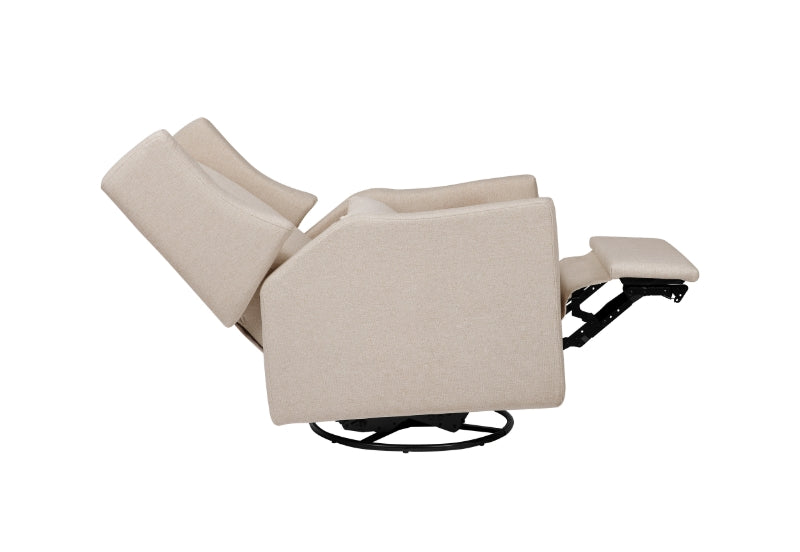 Beige upholstered reclining glider chair shown in an extended position with footrest, perfect for comfort and smooth motion.