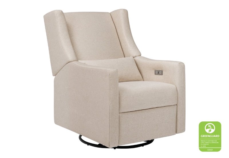 A modern beige nursery swivel glider chair with a GREENGUARD Gold certification logo, ensuring low chemical emissions for safer indoor environments.