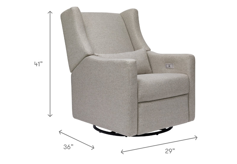 Light gray swivel nursery glider chair with dimensions noted as 41 inches in height, 36 inches in width, and 29 inches in depth.
