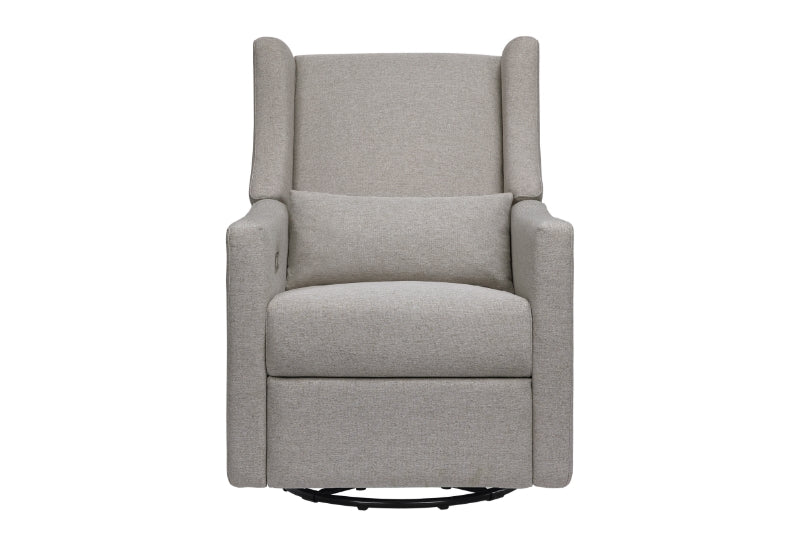 Gray upholstered nursery rocking chair on a white background.