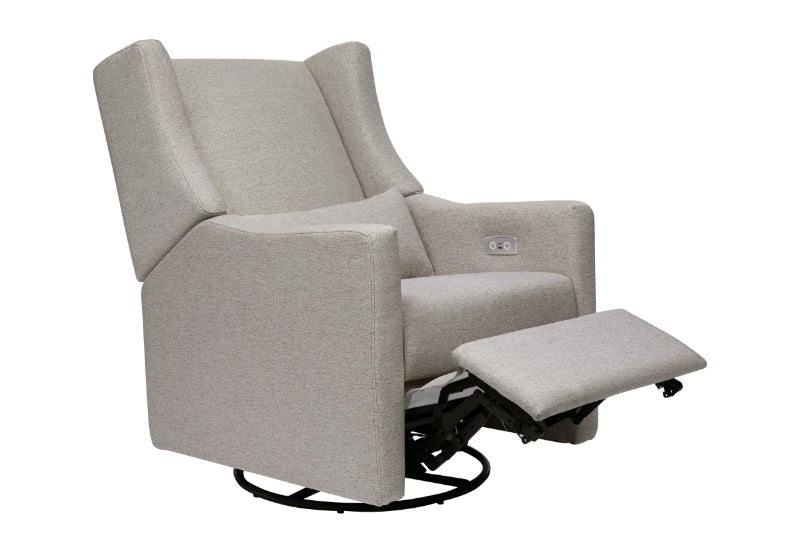 Gray nursery glider recliner with an extendable footrest, designed for comfort and convenience.