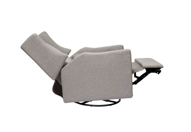 Modern light grey nursery glider chair with extended footrest on white background.