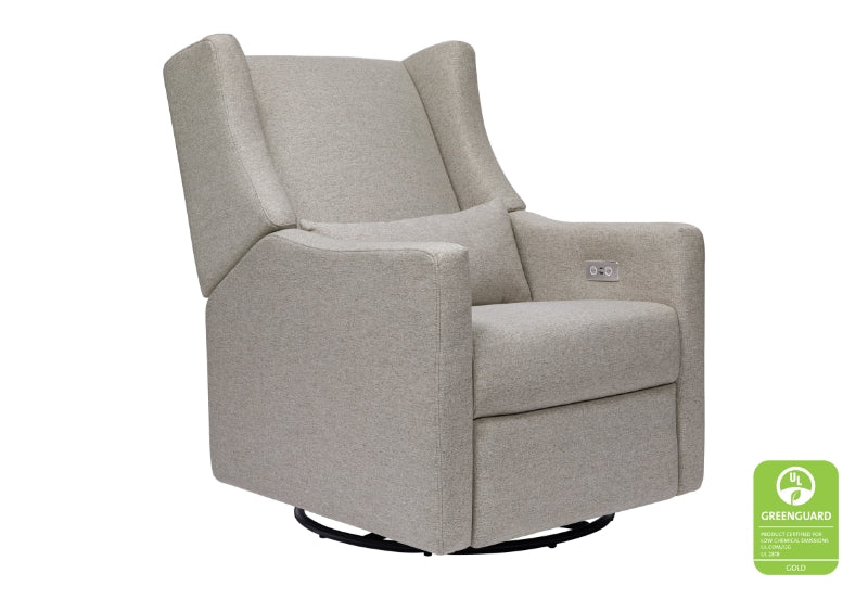 Light gray upholstered glider rocking chair with a Greenguard certification seal.