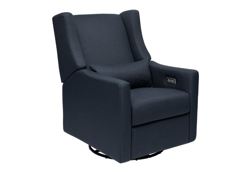 Dark gray modern nursery swivel glider chair with ergonomic armrests and visible control buttons. 999-8605-NVY