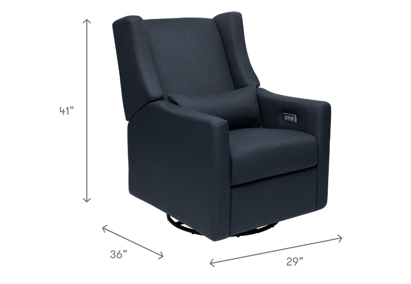 A dark gray nursery swivel glider chair with dimensions 41 inches in height, 36 inches in depth, and 29 inches in width.