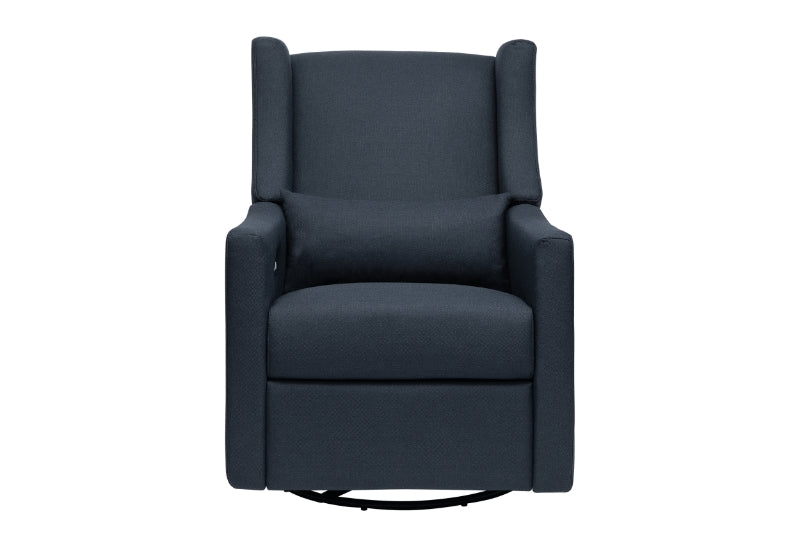 Modern charcoal gray swivel glider chair with a smooth design and comfy cushions, isolated on a white background.