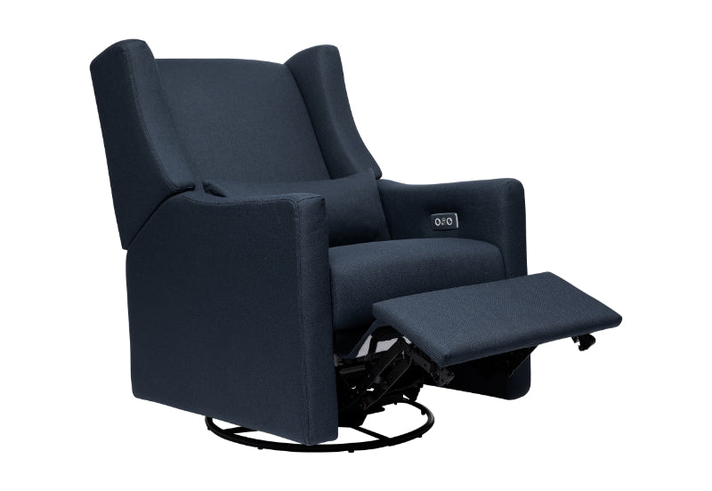 Navy blue nursery glider recliner chair with extended footrest and side control panel.