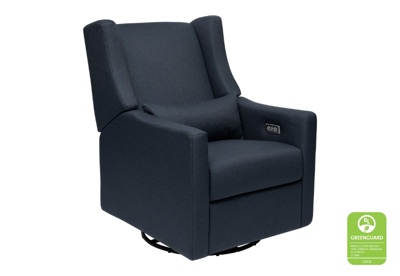 A modern dark gray nursery glider chair with a Greenguard certification label visible on the lower right.