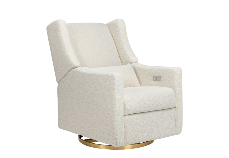 Ivory upholstered glider rocking chair with a USB port and golden circular base, isolated on a white background. 999-8605-SUN