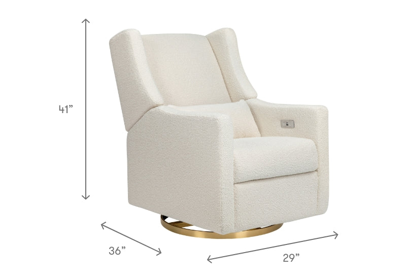 ALT Text: "Cream-colored glider chair with dimensions: 41 inches high, 36 inches deep, and 29 inches wide, featuring a gold circular base."