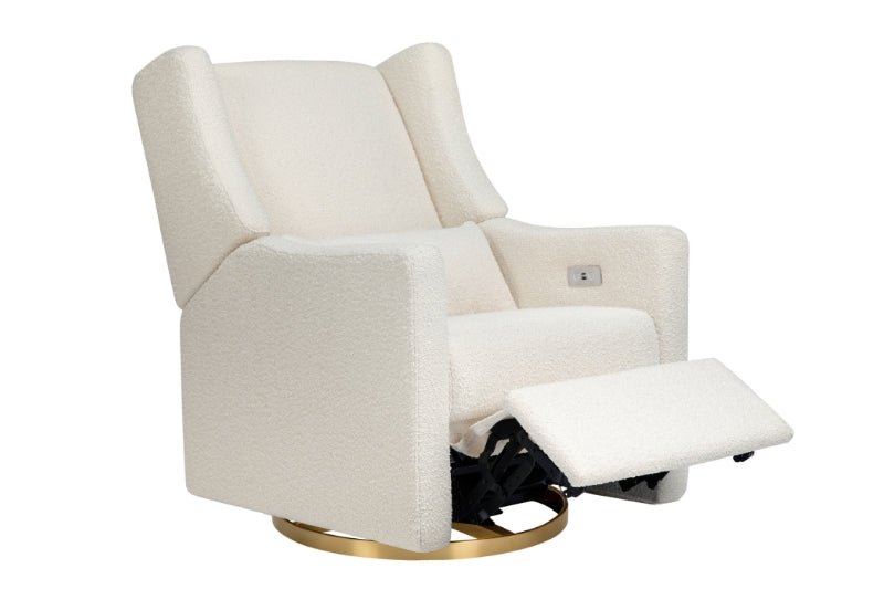 Cream-colored modern nursery glider chair with a fully extended footrest and a gold circular base.