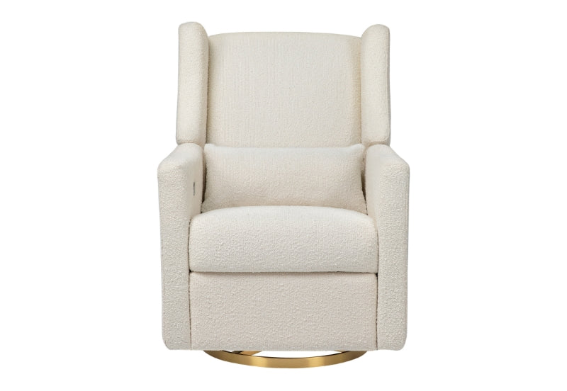 Modern beige nursery rocking chair with a soft fabric texture and gold base, isolated on a white background.