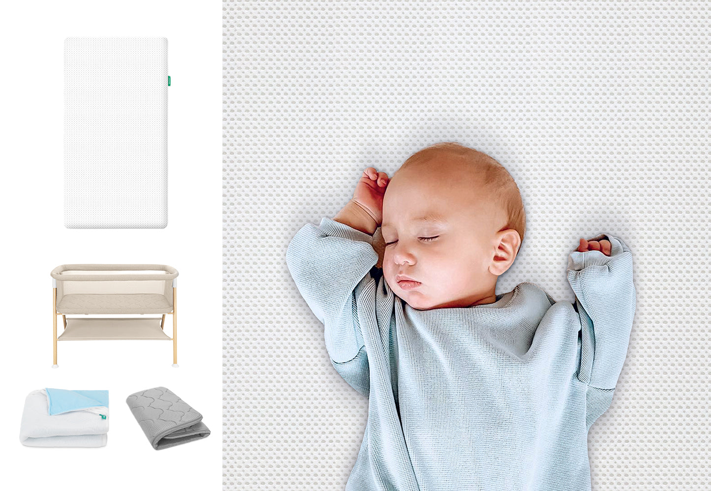 A baby sleeps soundly on a Newton Baby Essential Crib Mattress with Pad, dressed in a light blue sleepsuit. On the left are images of the Essential Bassinet with Extra Cover and additional blankets.
