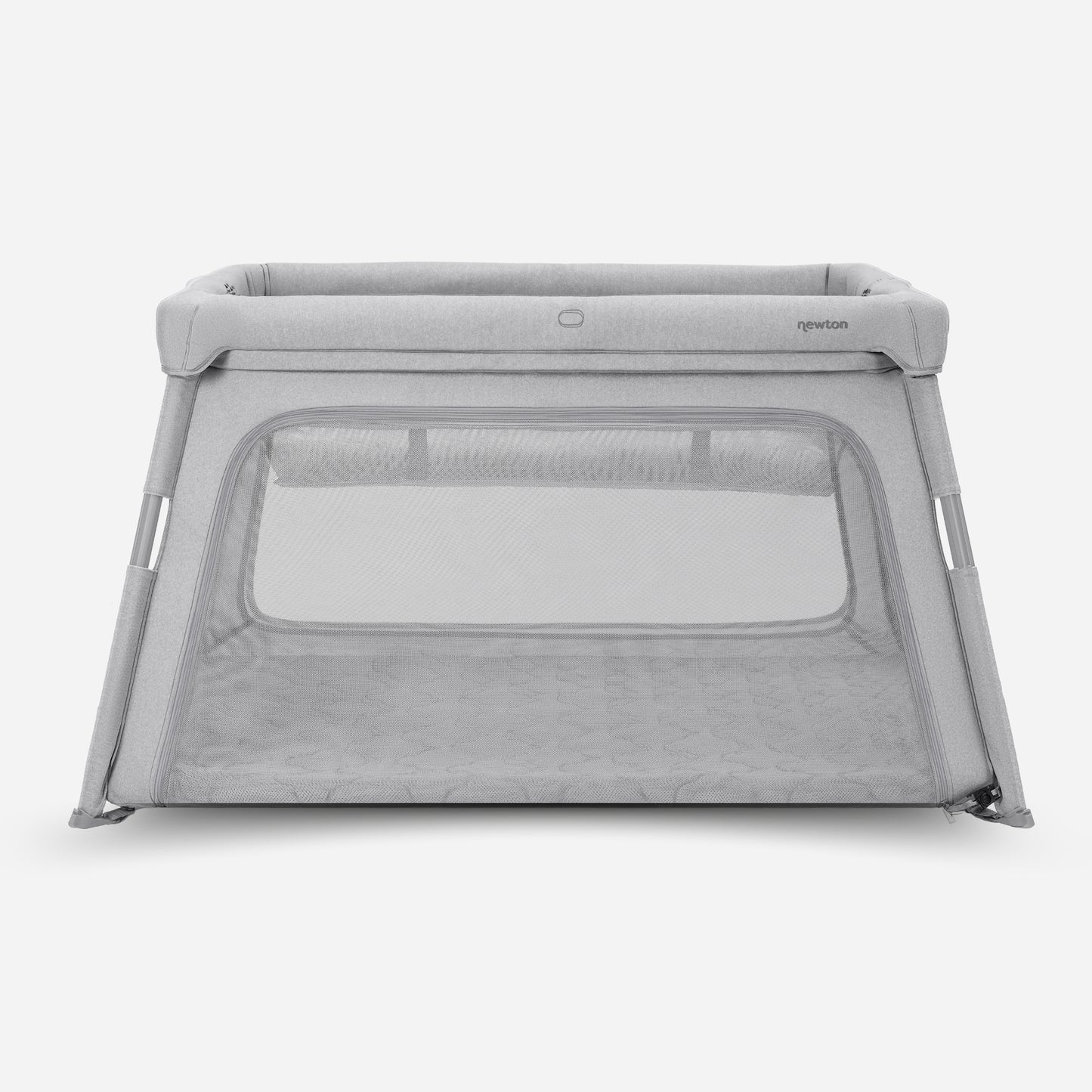 The Newton Baby Deluxe Travel Crib & Play Yard is a gray, rectangular playpen featuring mesh sides and a soft, cushioned base, pictured against a plain white background.