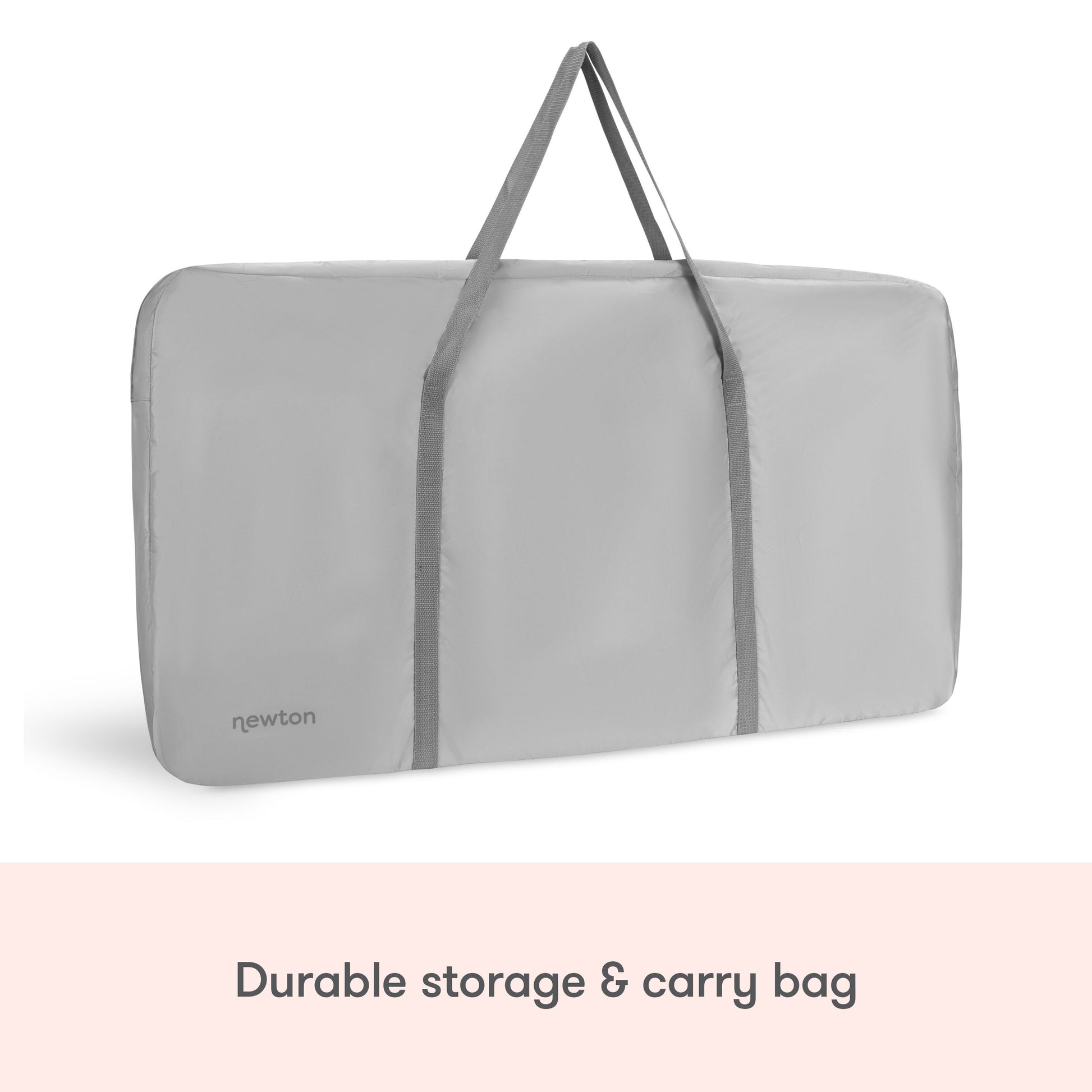 image of essential bassinet in storage bag on white background, text reads "durable storage & carry bag"