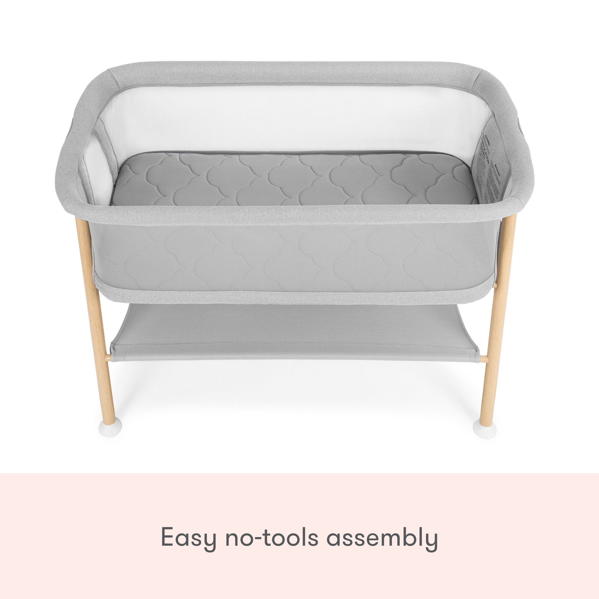 overhead shot of essential bassinet, text reads "easy no-tools assembly"