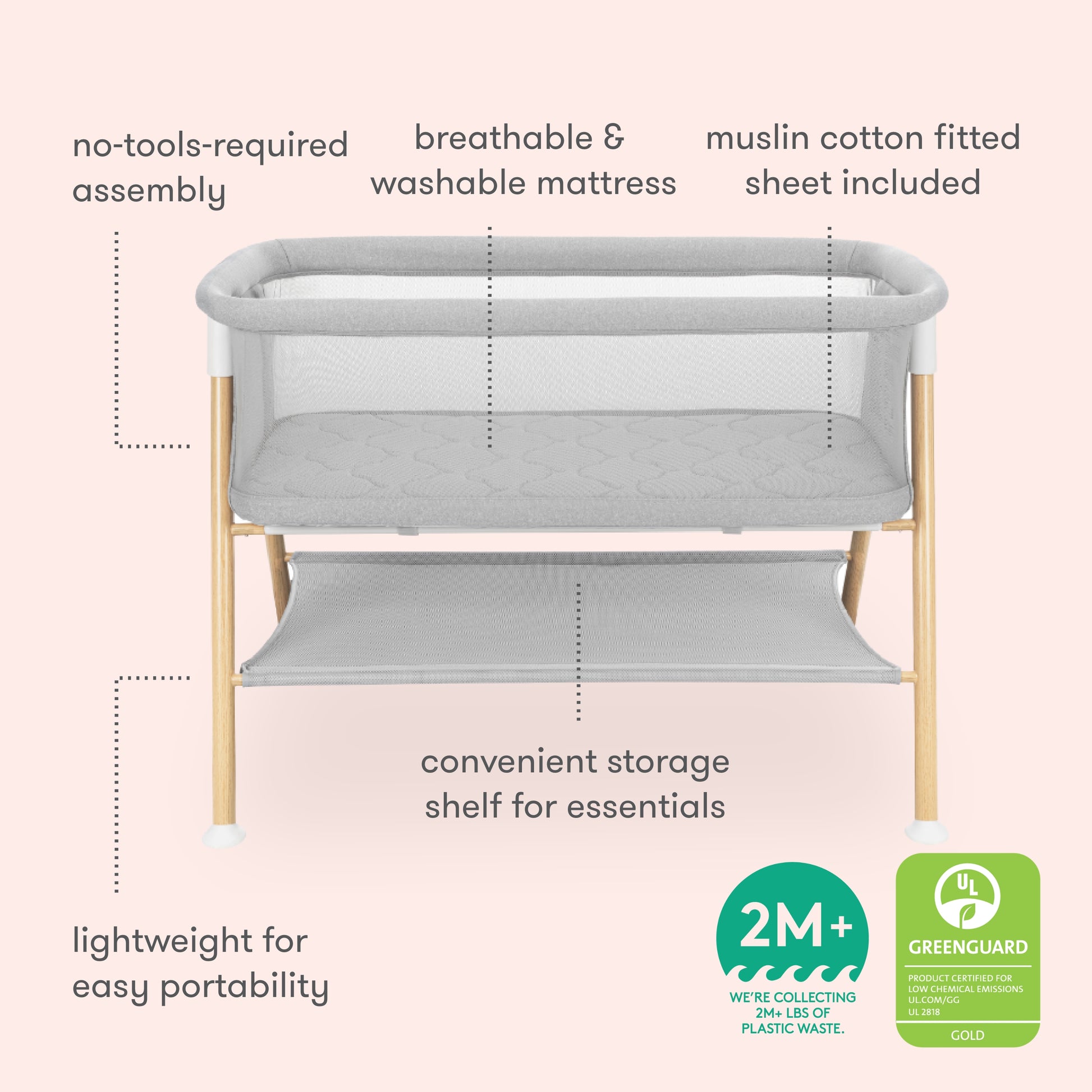 Diagram of essential bassinet with features explained, text reads "no-tools-required assembly, breathable & washable mattress, muslin cotton fitted sheet included, lightweight for easy portability, convenient storage shelf for essentials, Greenguard Gold Certified Badge, Climate Pledge Badge - We're removing 2M+ LBS of Plastic Waste"