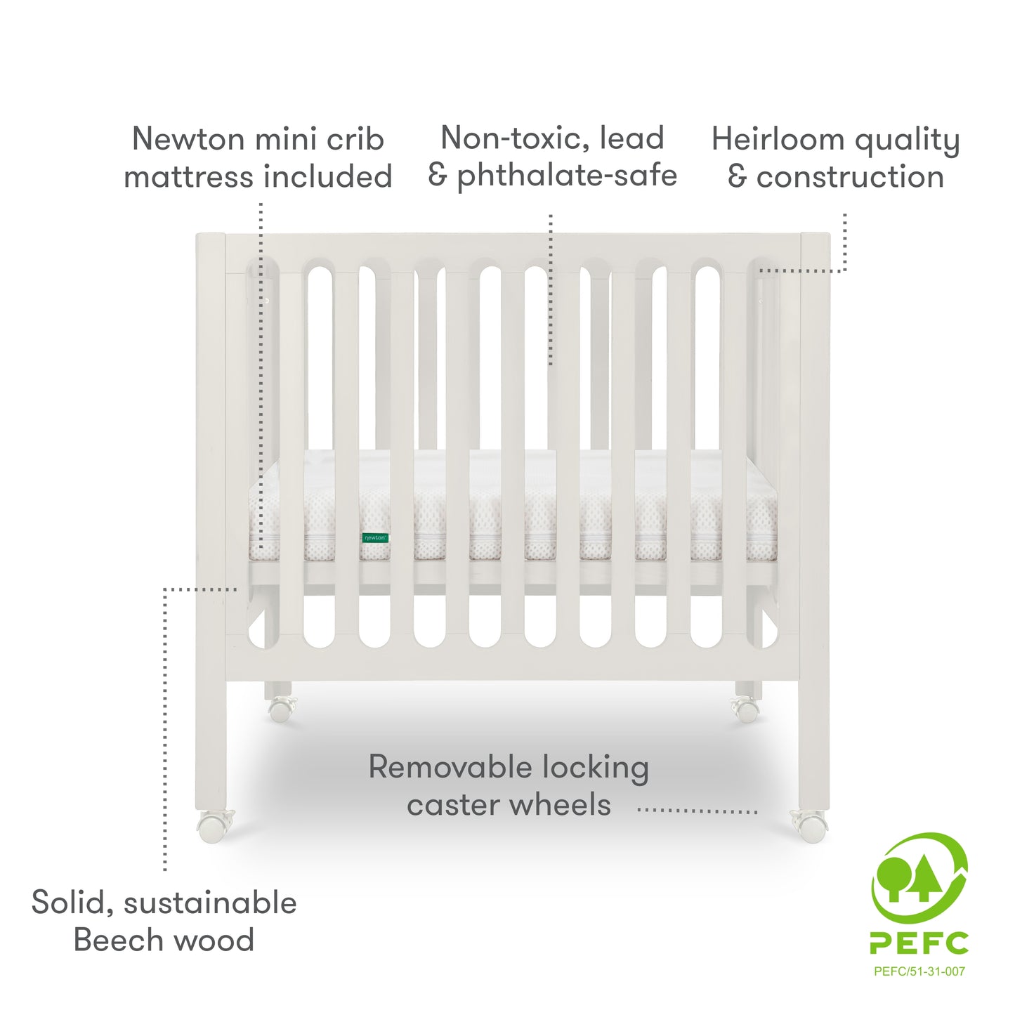 Warm White modern baby crib with a thin mattress on wheels. With Text "newton mini crib mattress included, non-toxic, lead & phthalate-safe, heirloom quality & construction, removable locking caster wheels, solid, sustainable beech wood"