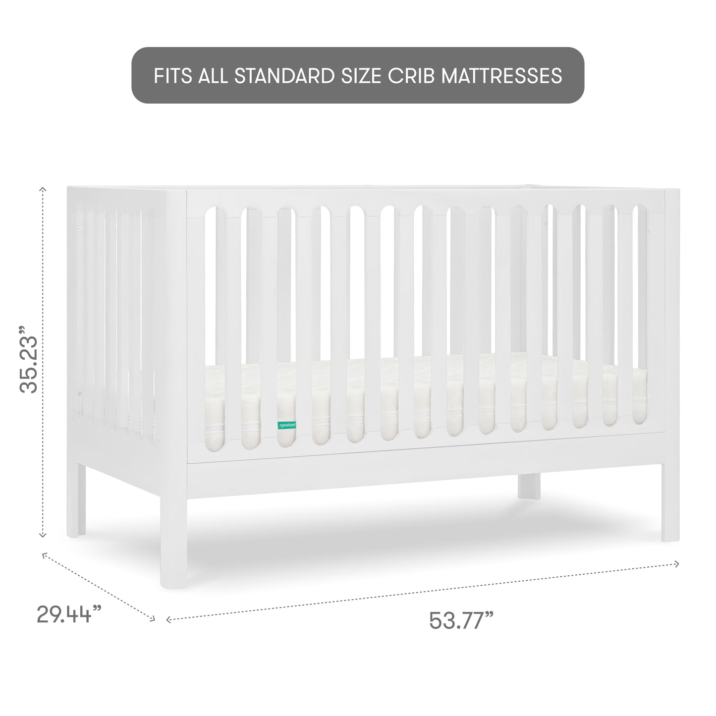 White baby crib with slatted sides and a visible mattress, isolated on a gray background with measurements, 35.23 inches tall, 29.44 inches wide, 53.77 inches long, with text "fits all standard size crib mattresses"