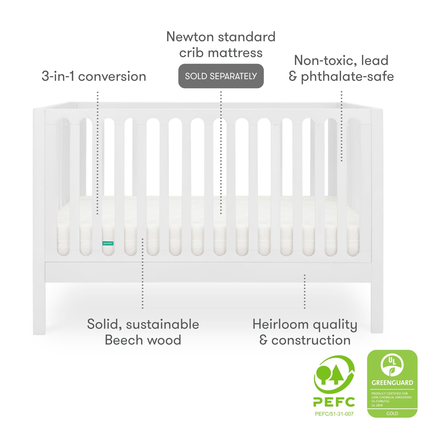 The Newton Galileo Convertible Crib by Newton Baby features white beech wood, vertical slats, toddler bed conversion, 3-in-1 versatility, non-toxic materials, heirloom quality, fits the Newton standard mattress (sold separately), and is PEFC & GREENGUARD Gold certified.