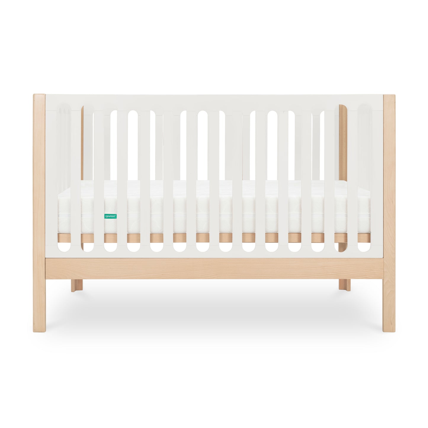 The Newton Galileo Convertible Crib by Newton Baby features a modern beech wood design with white slatted sides, includes a mattress, and easily converts to a toddler bed as your child grows.