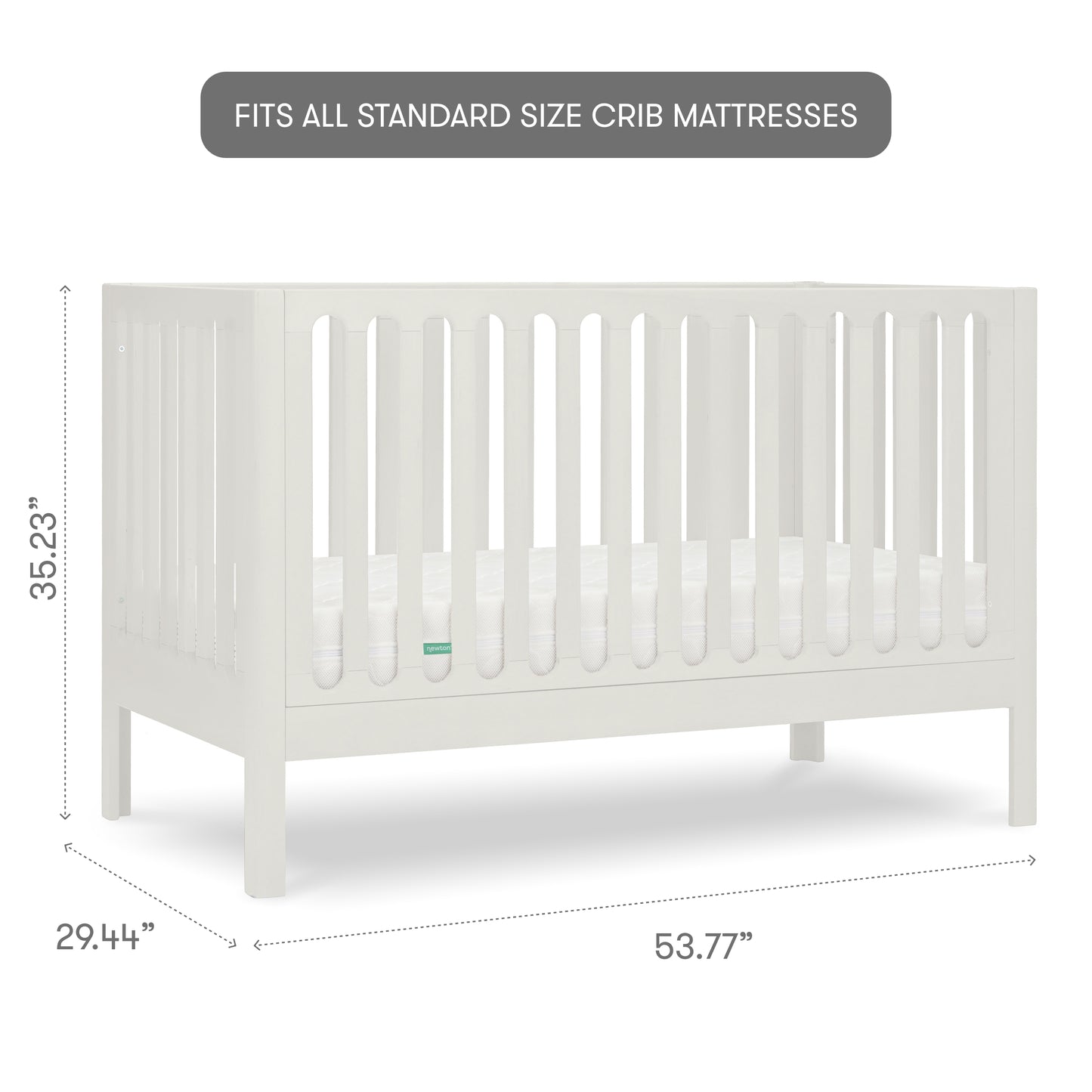 White baby crib with slatted sides and a visible mattress, isolated on a gray background with measurements, 35.23 inches tall, 29.44 inches wide, 53.77 inches long, with text "fits all standard size crib mattresses"