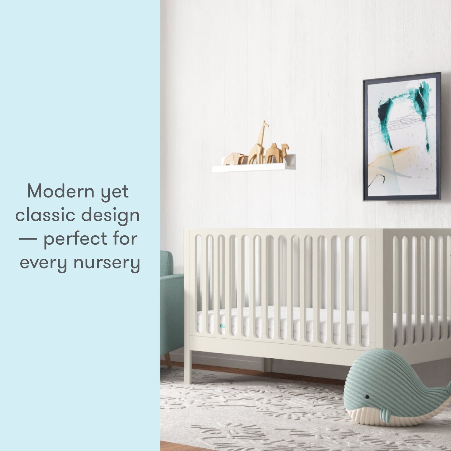 A modern yet classic white crib in a stylish nursery, with text stating "Modern yet classic design — perfect for every nursery."