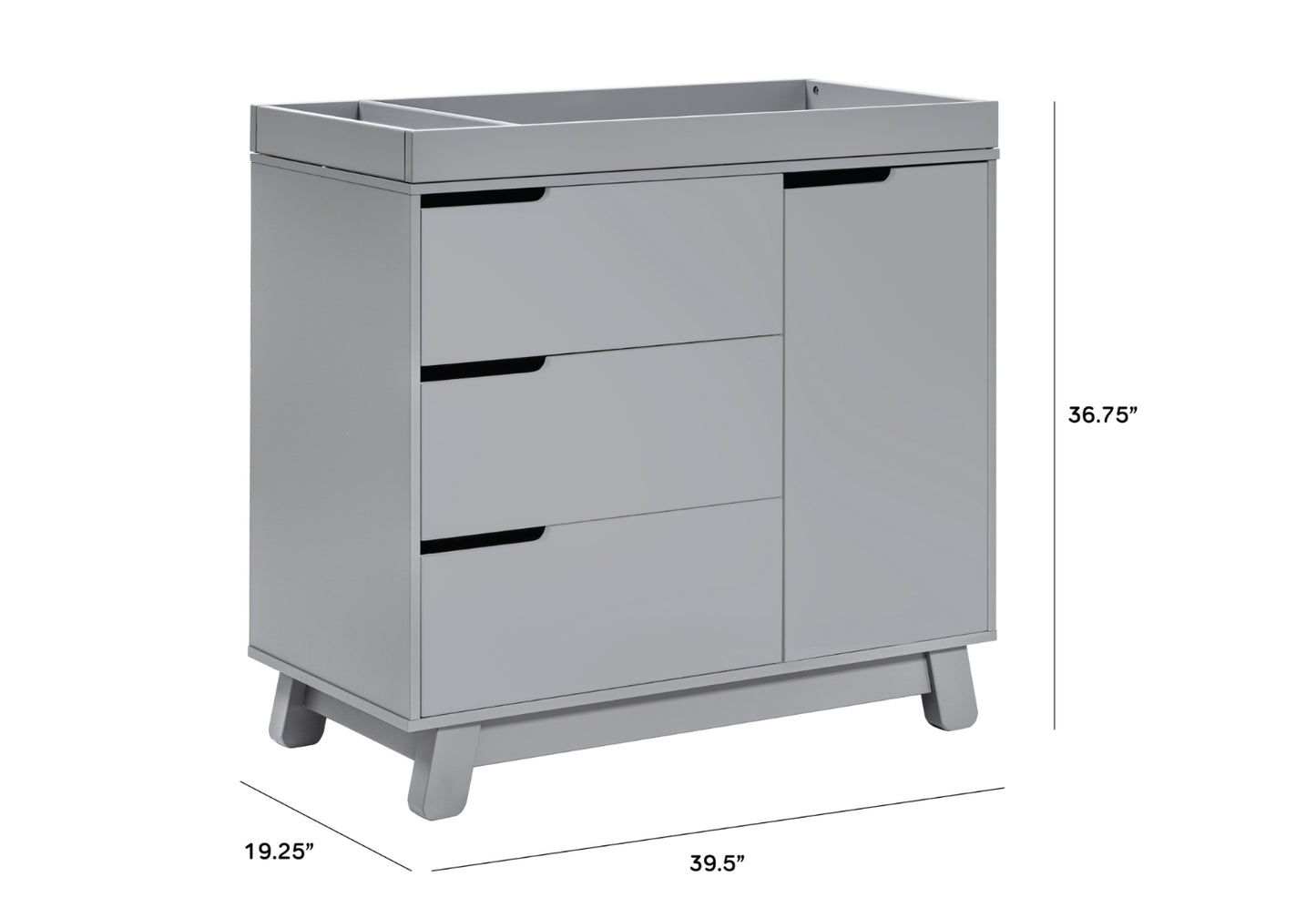 Modern gray baby changing table with three drawers and dimensions labeled as 19.25”, 39.5”, and 36.75”.