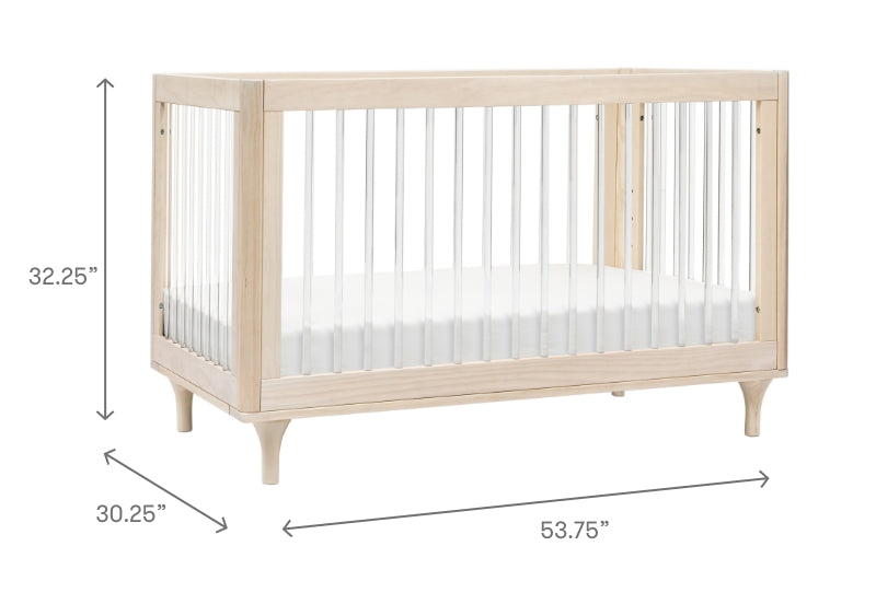 Wooden baby crib with mattress, showing dimensions: height 32.25 inches, width 53.75 inches, and depth 30.25 inches.