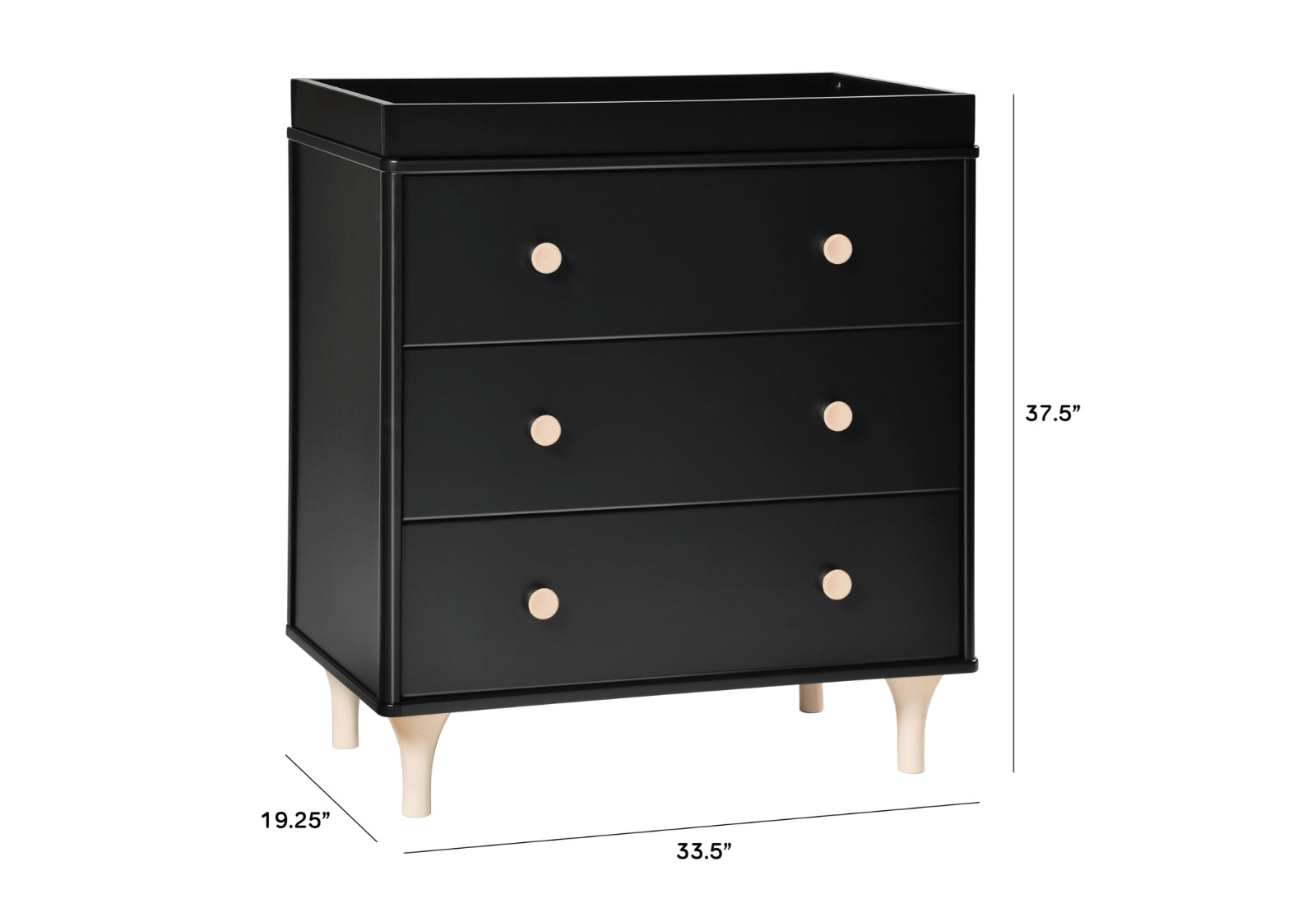A black nursery dresser measuring 19.25" in depth, 33.5" in width, and 37.5" in height, featuring three drawers with round wooden knobs. 999-8602-BWN