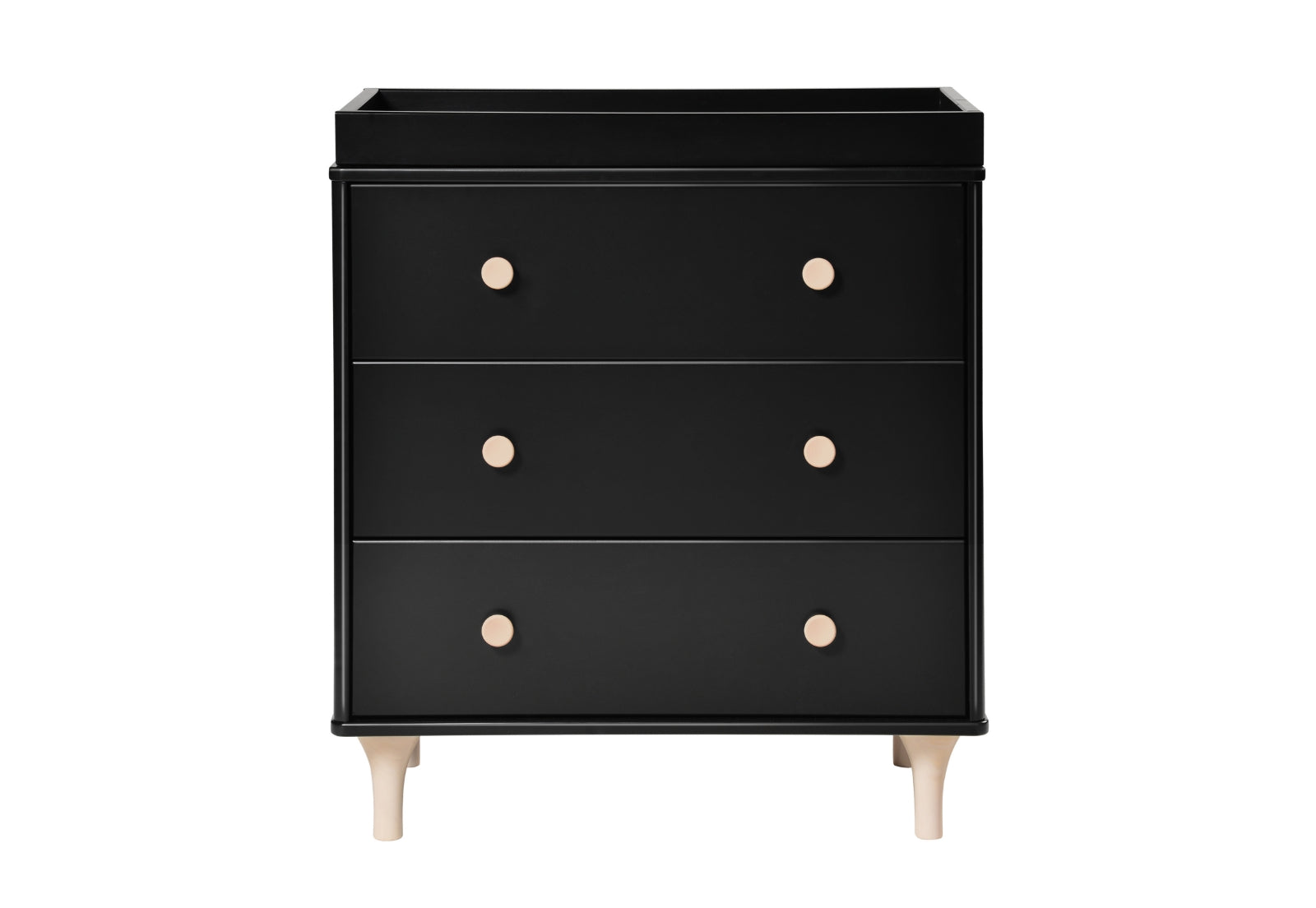Elegant black three-drawer dresser with light beige knobs and short legs, isolated on a white background.