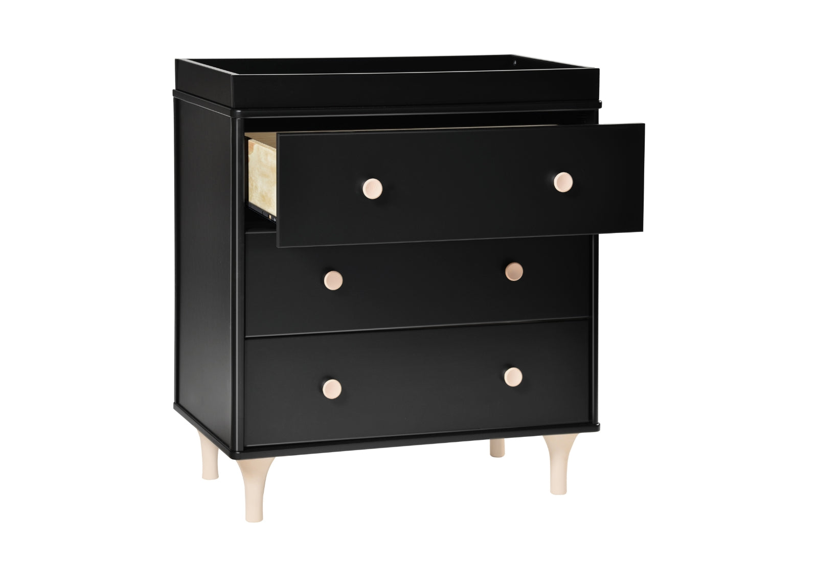 Black nursery dresser with three drawers, gold knobs, and an open changing station on top.