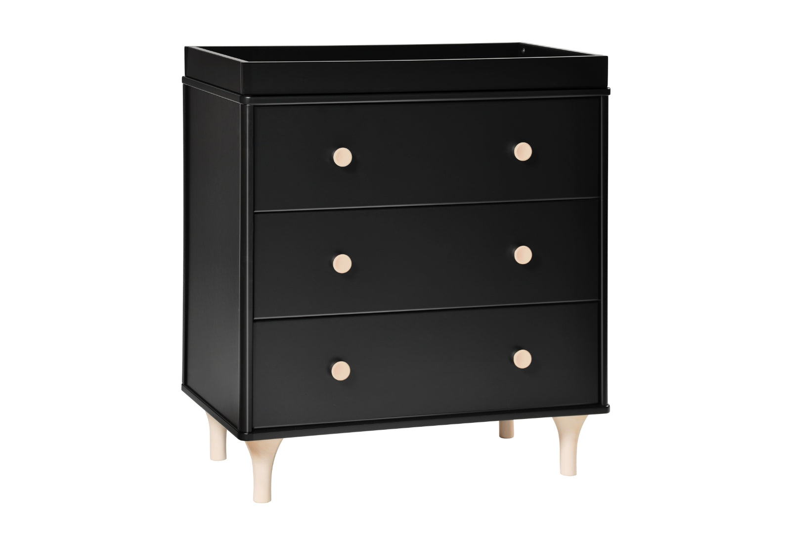 Black nursery dresser with three drawers and wooden knobs on a white background.