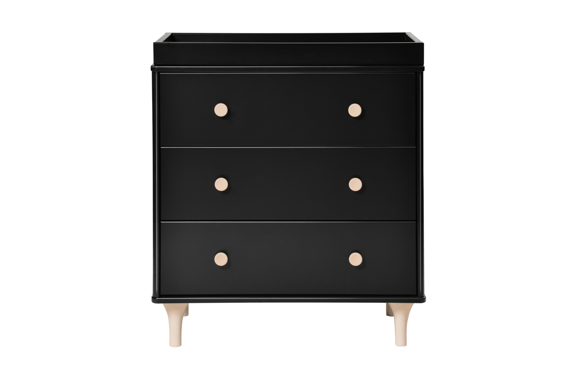 The Babyletto Lolly 3-Drawer Changer Dresser features a sleek black finish, three drawers with two round light wood knobs each, four light wood legs, and a raised edge top for modern style in your nursery.