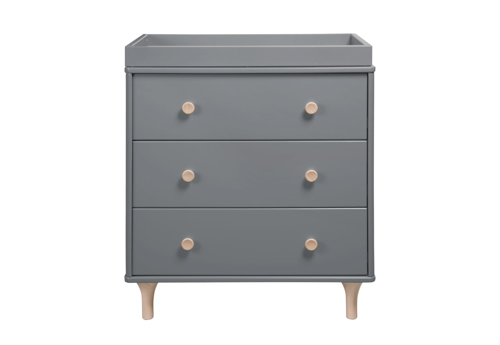 A modern grey nursery dresser with four drawers and wooden knobs on a white background.