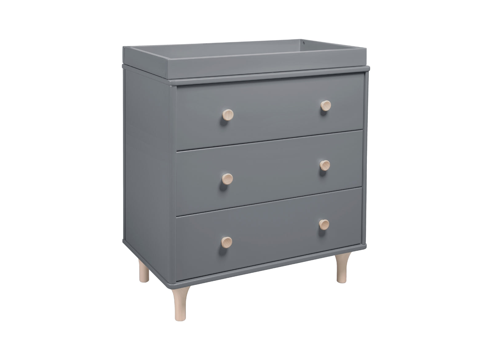 Gray nursery dresser with three drawers and wooden knobs, isolated on a white background.