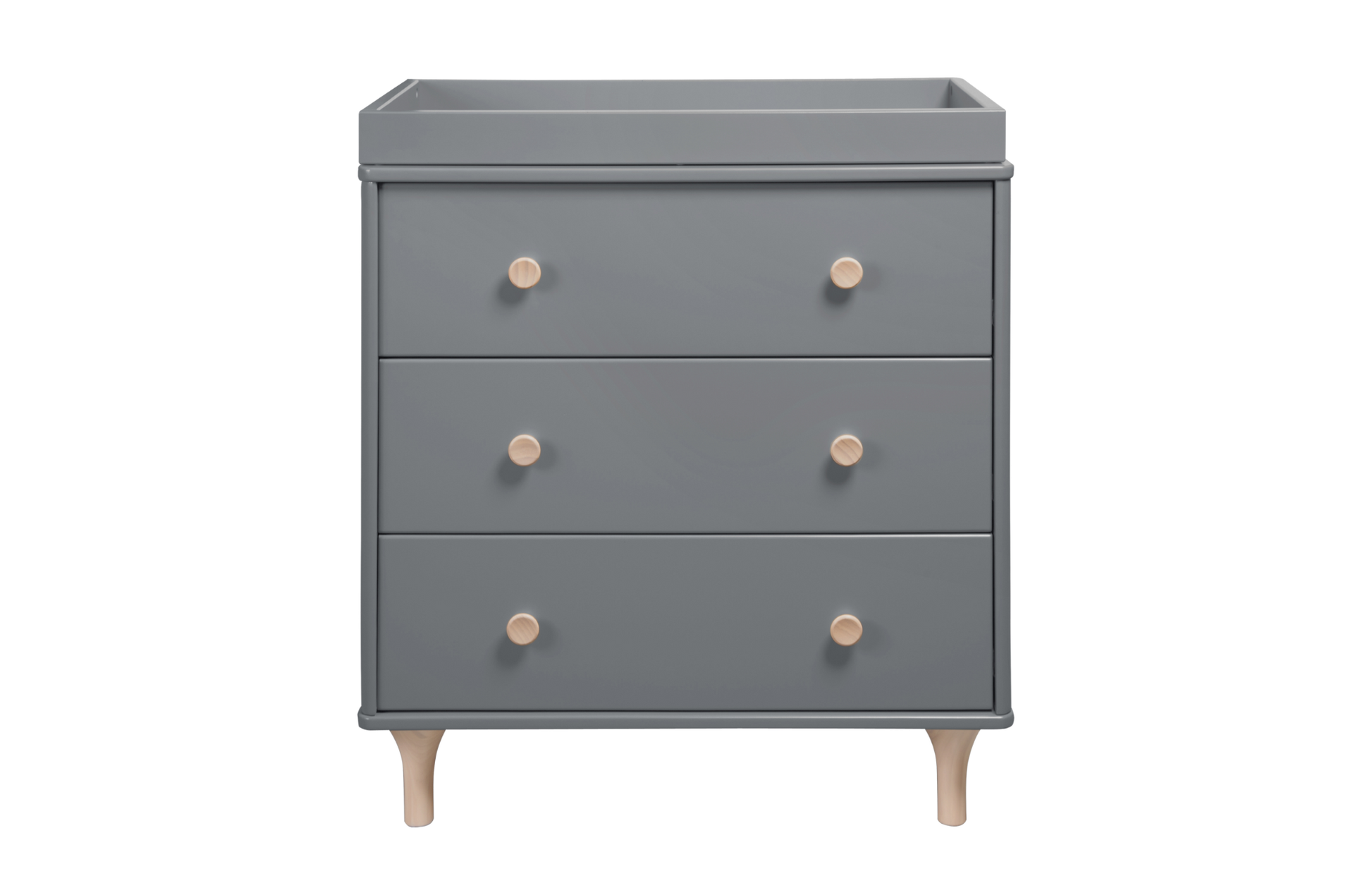 A gray Babyletto Lolly 3-Drawer Changer Dresser with round handles and light wooden legs is shown against a plain white background.
