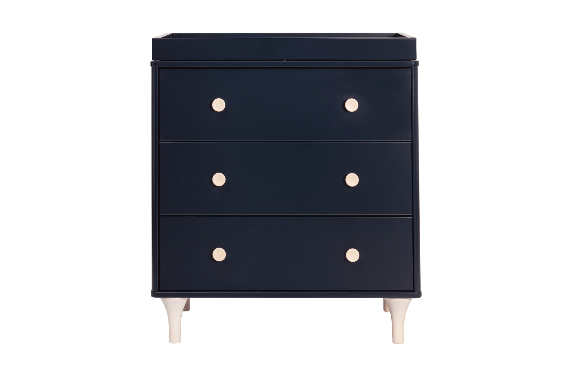 The Babyletto Lolly 3-Drawer Changer Dresser features a navy blue finish, round light-colored knobs, and angled legs—ideal as a stylish nursery dresser.